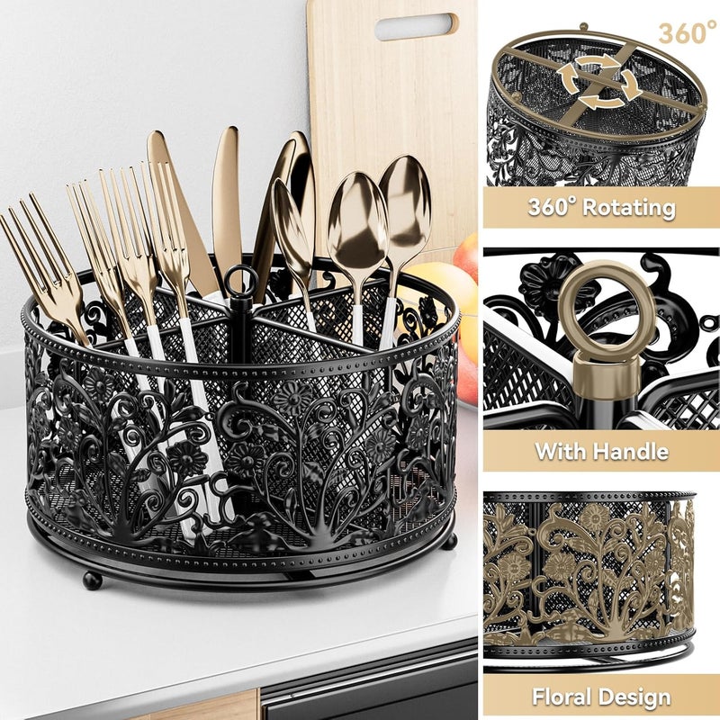 YIUKEA 360° Rotating Utensil Caddy - Silverware Cutlery Caddy Holder with 4 Compartment, Metal Flatware Organizer Countertop with Handle for Party Camping Picnic, Kitchen Counter, Office (Black) - Image 5